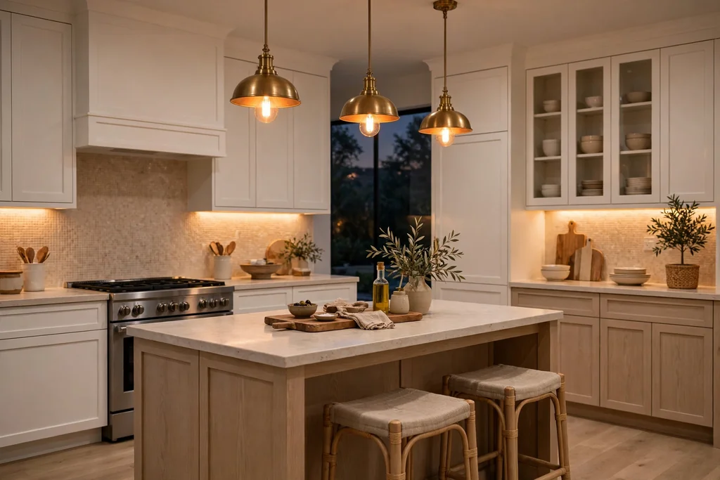 White and beige kitchen at night with under-cabinet lights and warm pendants.