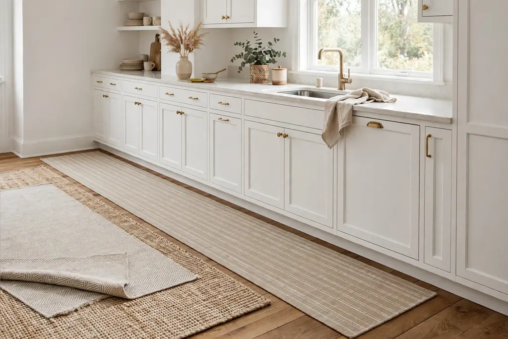 White kitchen work run with layered beige rugs and a washable runner.