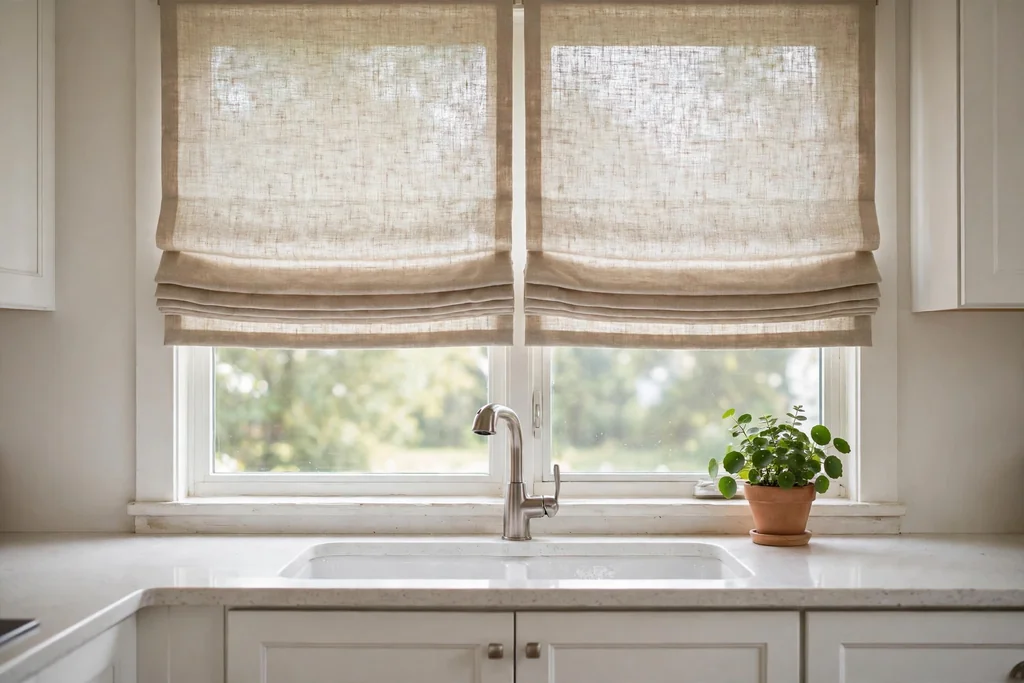 Kitchen window with beige linen roman shades filtering soft daylight.