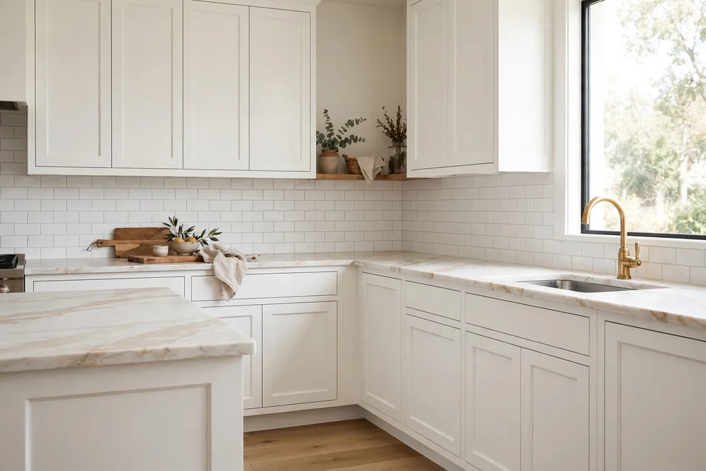 White kitchen with marble-look counters showing soft beige veining.