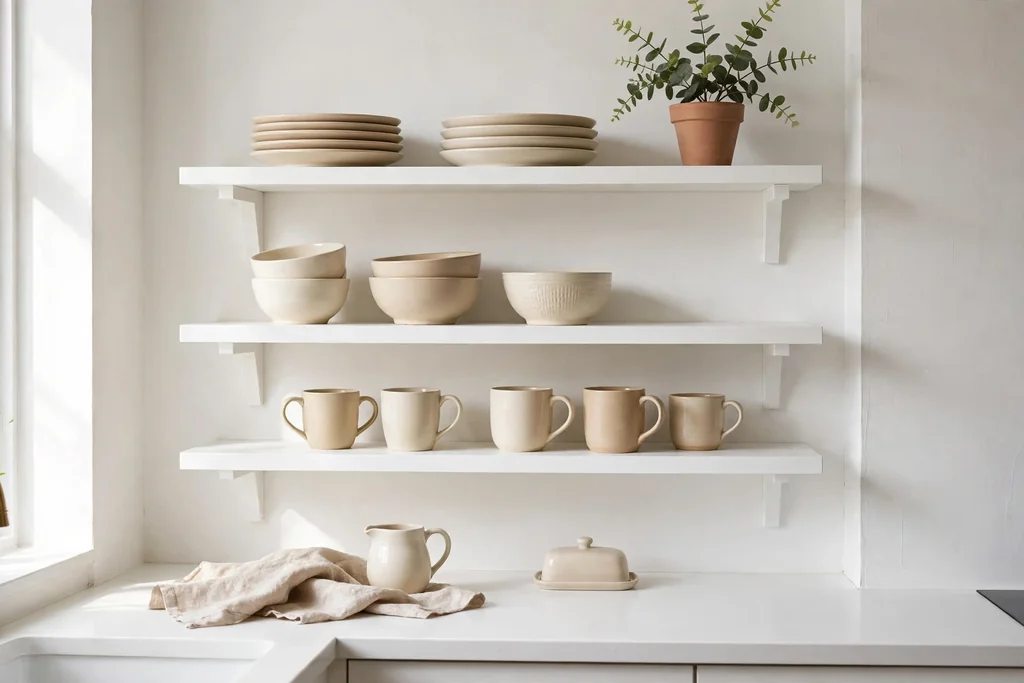 White open kitchen shelves holding beige and cream dishes and mugs.