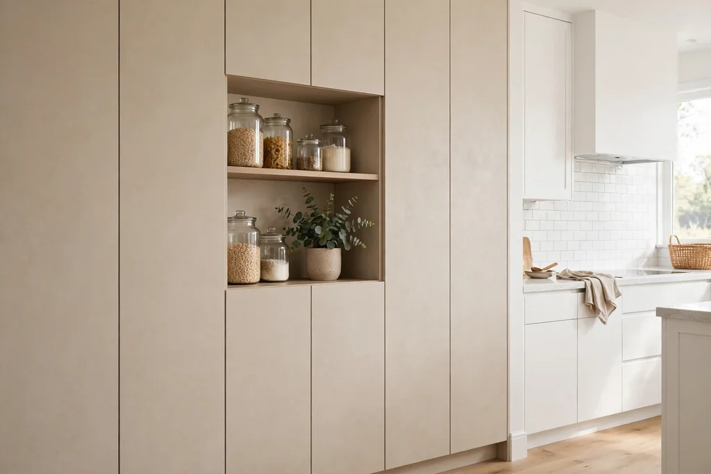 Floor-to-ceiling beige pantry wall with closed doors and open shelves.