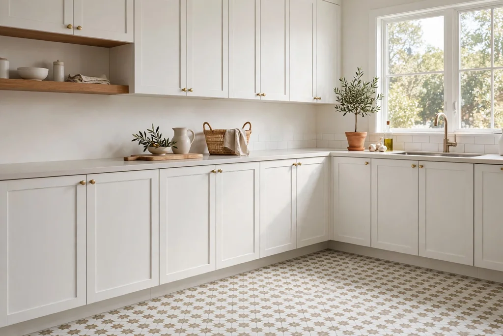 Kitchen with patterned white and beige floor tile and plain white cabinets.