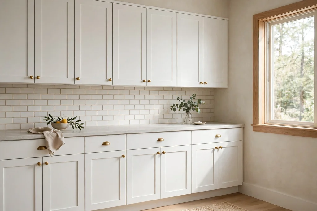White Shaker kitchen cabinets against soft beige walls with a pale counter.