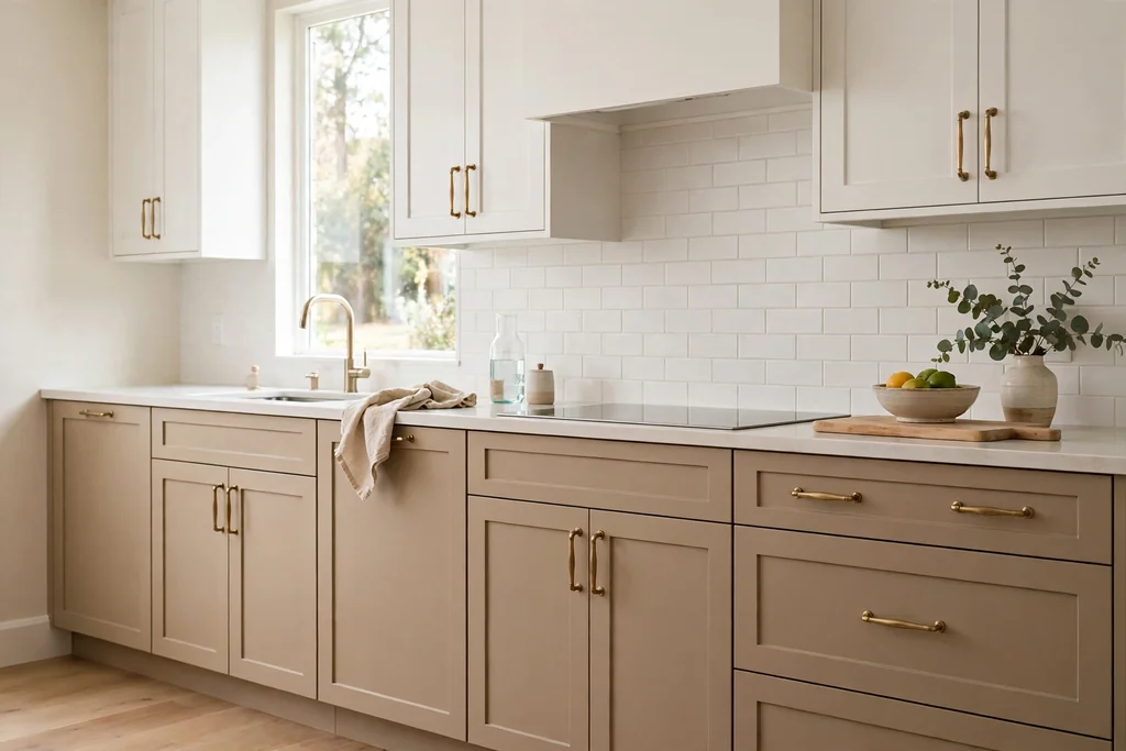 Kitchen with beige lower cabinets, white upper cabinets, and a pale counter.