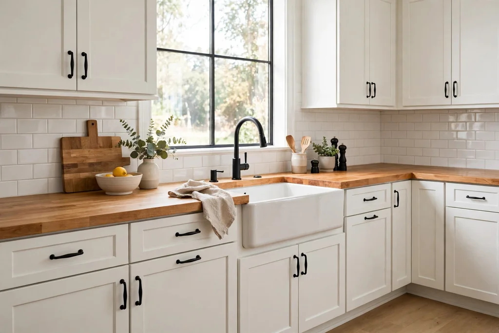 White kitchen cabinets with warm wood counters and brass handles.