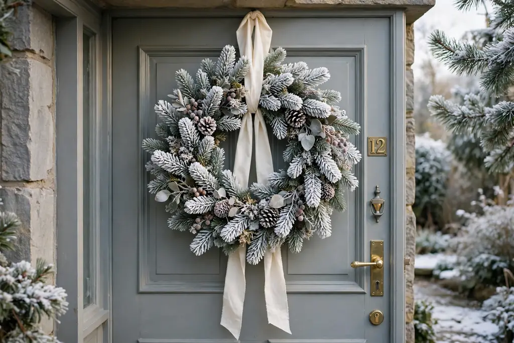 Frosted pine Christmas wreath with a cream ribbon on a front door.
