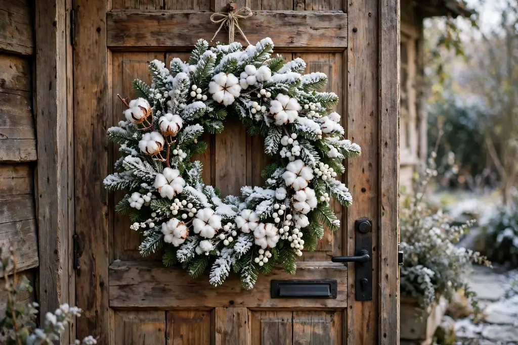 Snowy wreath with cotton stems and white berries.