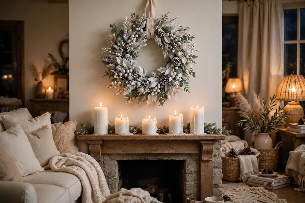 White wreath above a mantel with white pillar candles below.