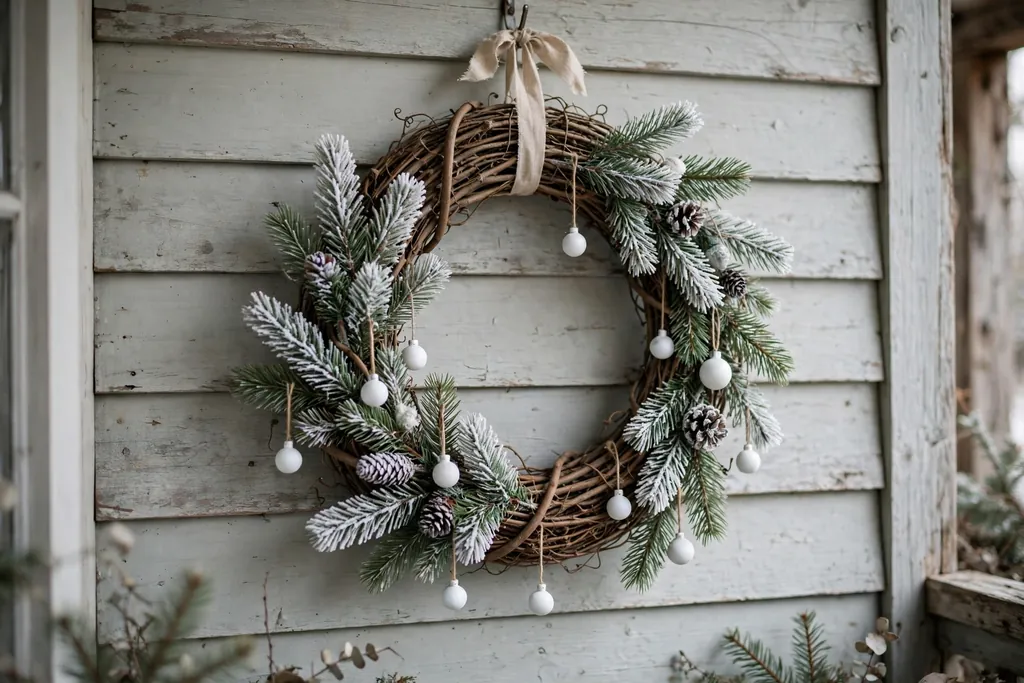 Grapevine wreath with frosted pine tips and small white ornaments.