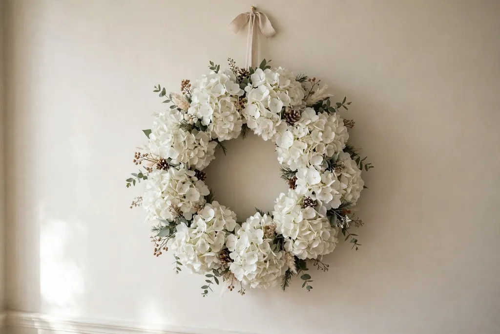 Wreath of white hydrangea blooms on a light colored wall.