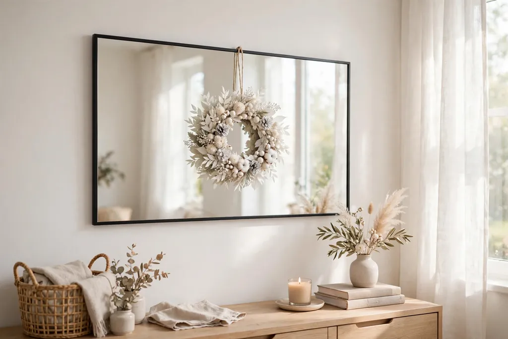 Small white wreath hanging on a mirror in a bright room.