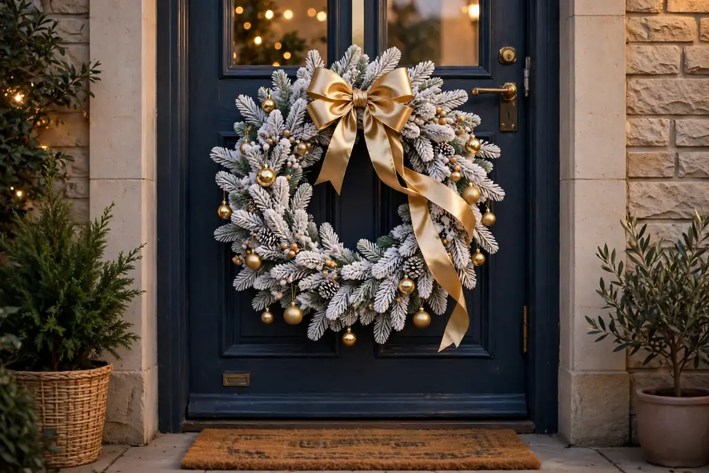 White wreath with gold ribbon and small gold ornaments on a front door.