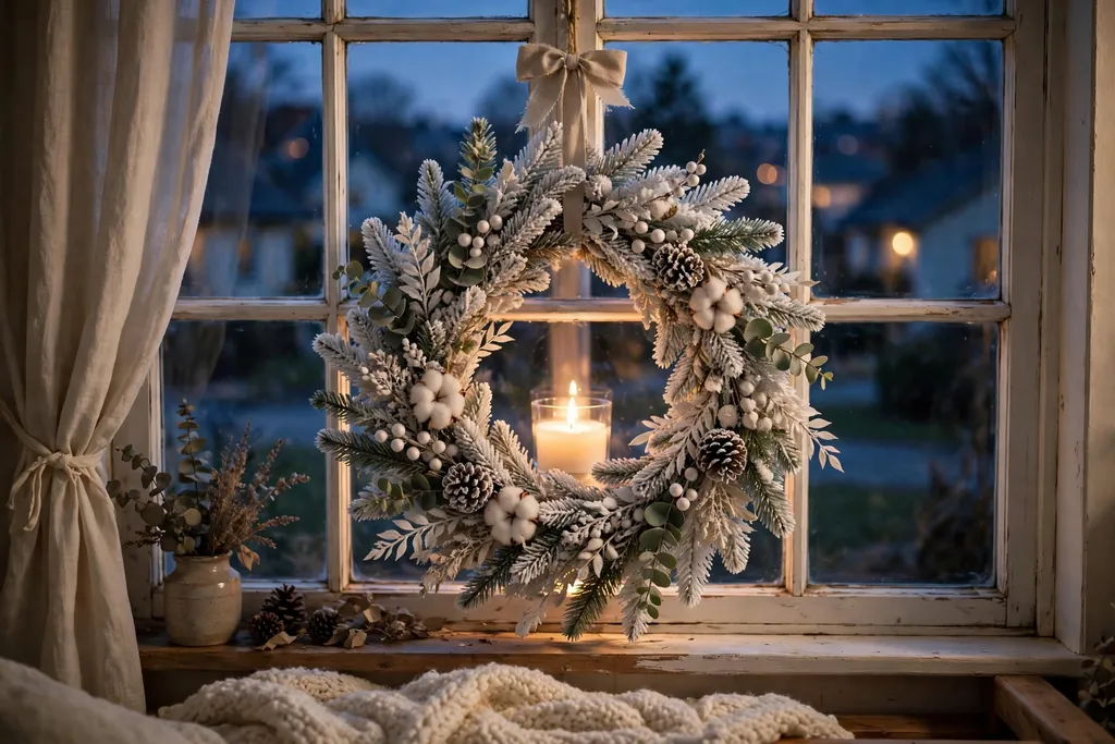 White wreath in a window with a glowing candle behind it.
