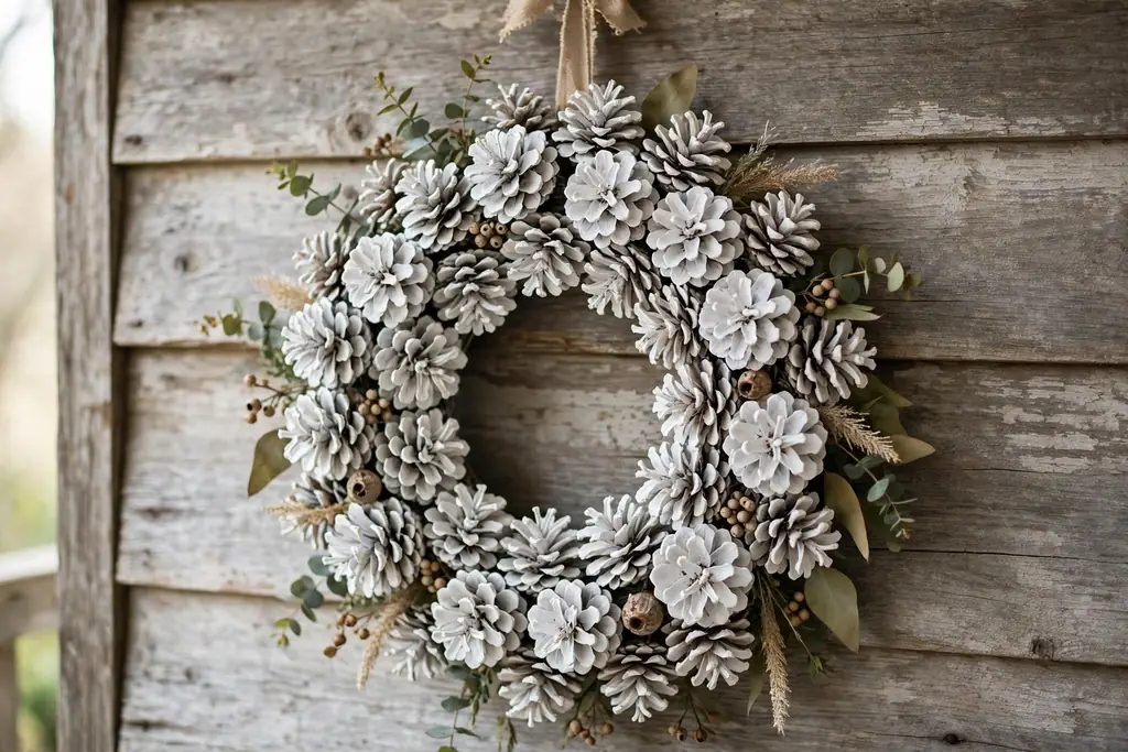 Wreath made from painted white pinecones in overlapping rows.