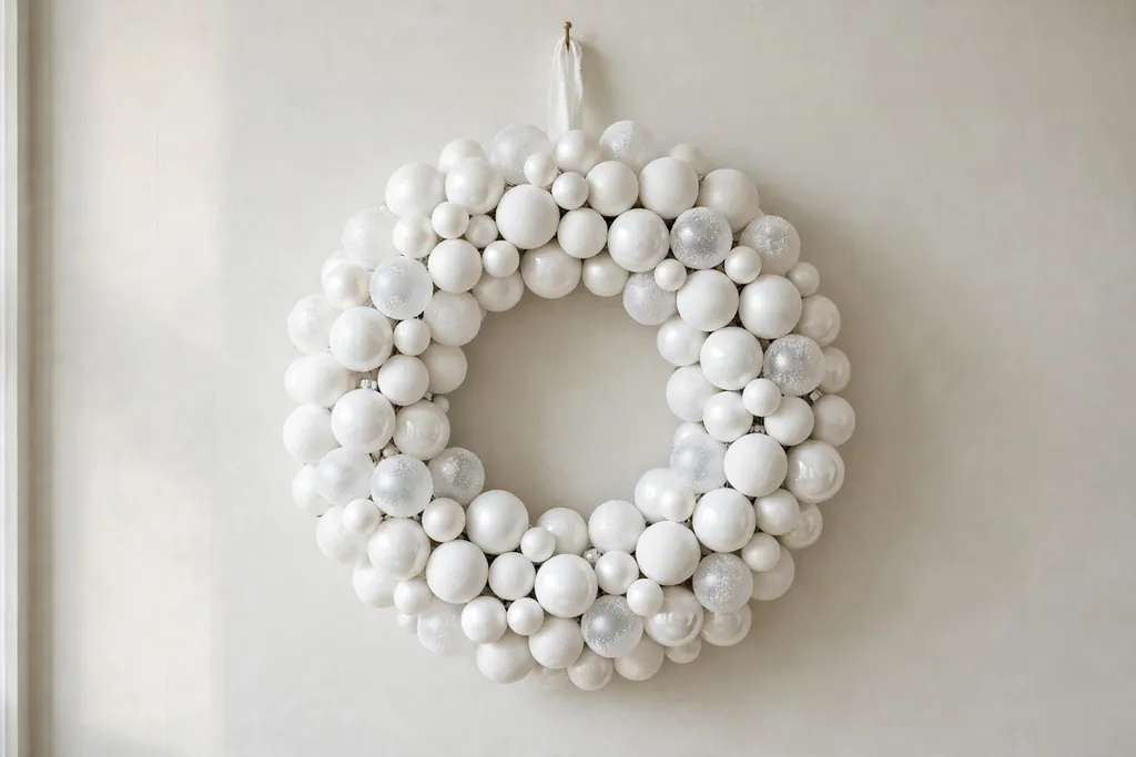 Wreath covered in white ornaments in matte, shiny, and frosted finishes.