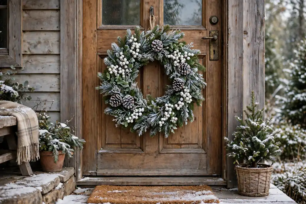 Snowy green wreath with white berries and frosted pinecones.