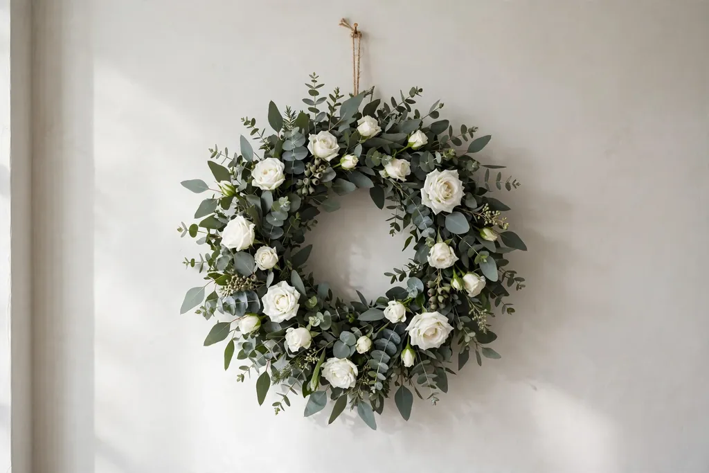 Wreath of white roses and eucalyptus on a light wall.
