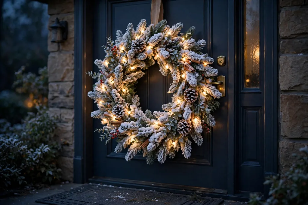 Flocked Christmas wreath with warm white lights on a door.