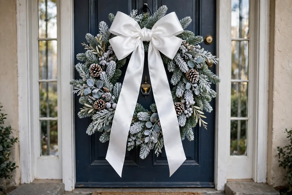 Frosted wreath with a large white satin bow on a front door.