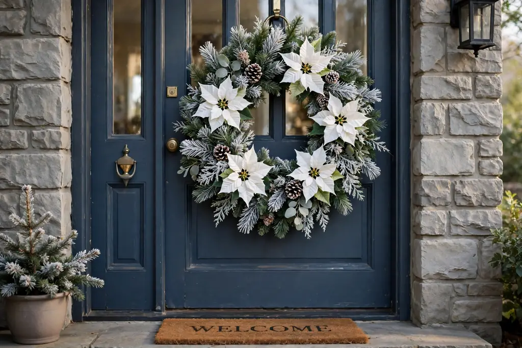 Wreath ringed with white poinsettia blooms and frosted pine tips.