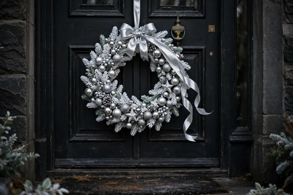 White wreath with silver ornaments and silver ribbon on a dark door.