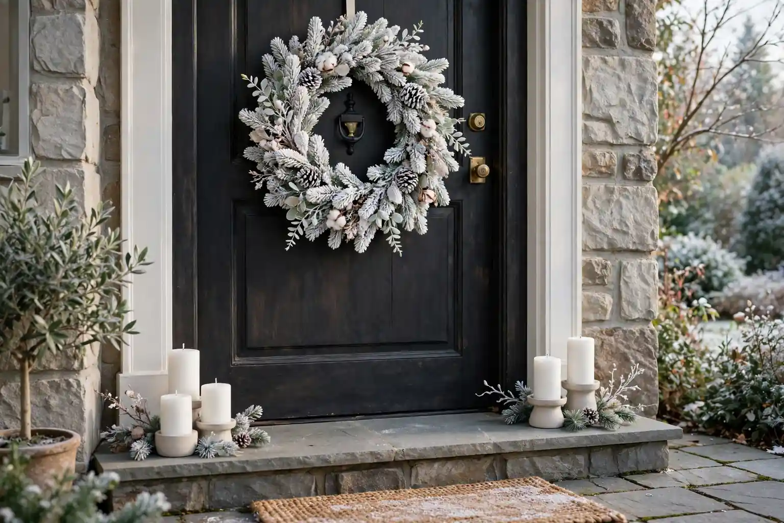 Front door decorated with a white frosted Christmas wreath and white candles in soft winter light.