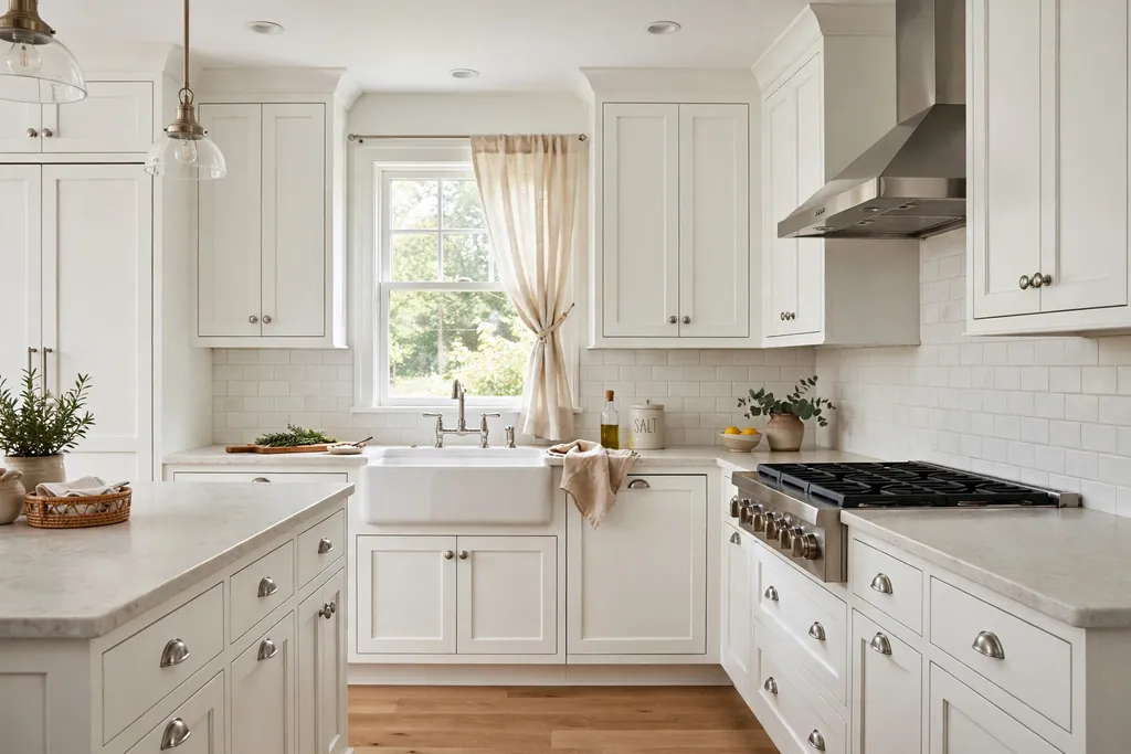 A white kitchen with classic Shaker cabinets, cup pulls, and a pale stone counter.