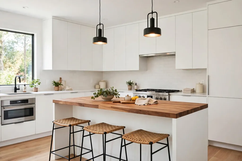A modern white kitchen with flat-front handleless cabinets and a wood island top.