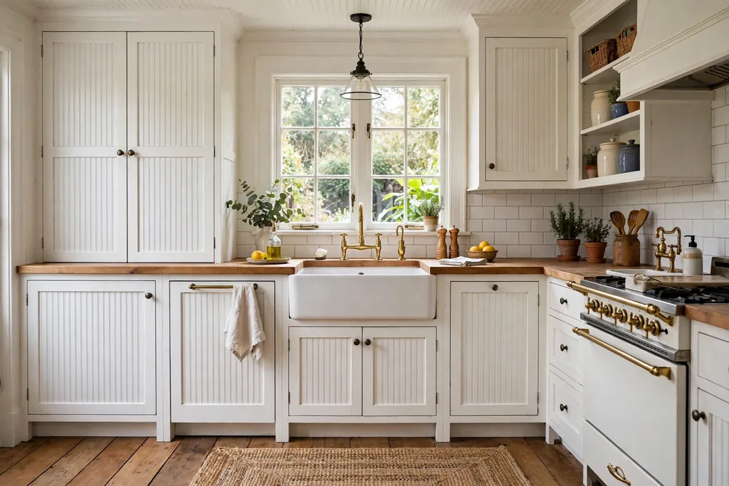 A cottage white kitchen with beadboard cabinet doors and a ceramic sink.