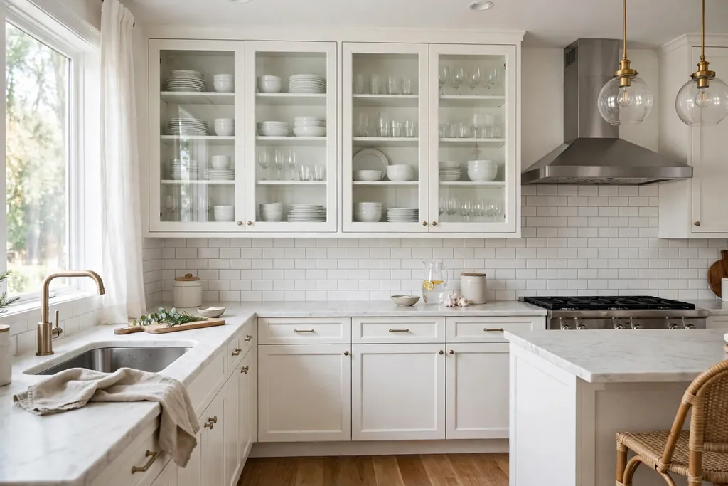 A white kitchen with glass-front upper cabinets showing white dishes and glassware.