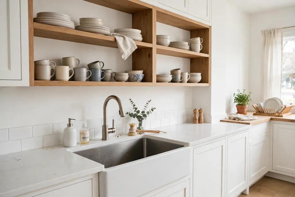 A white kitchen with open shelves holding dishes and mugs above a sink.