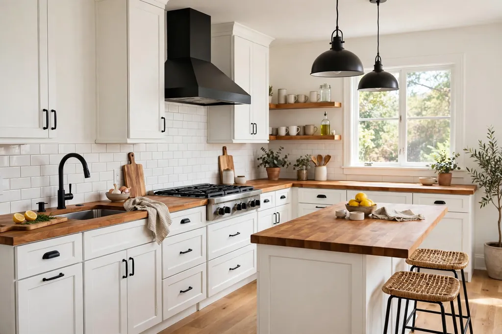 A white kitchen with warm butcher block counters and black hardware.