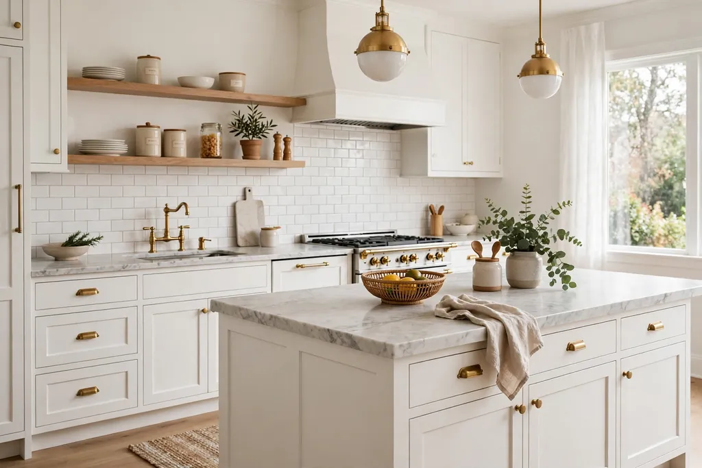 A white kitchen with marble counters showing soft grey veining and brass hardware.
