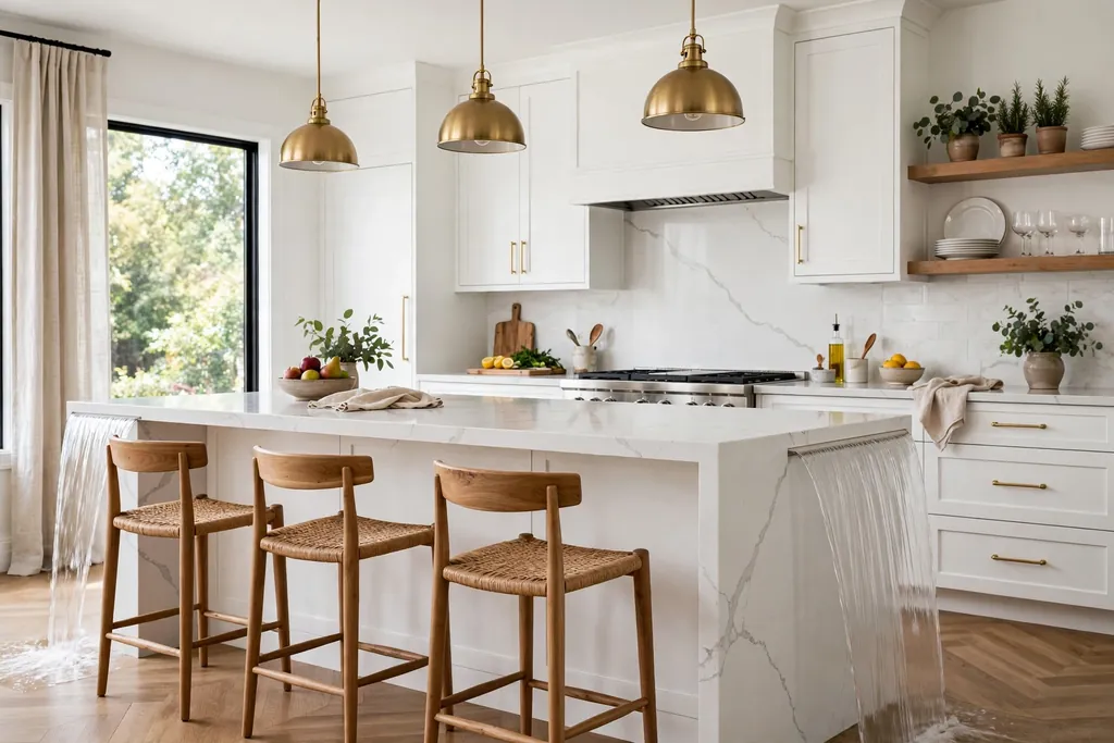 A white kitchen with a quartz waterfall island and wood stools.