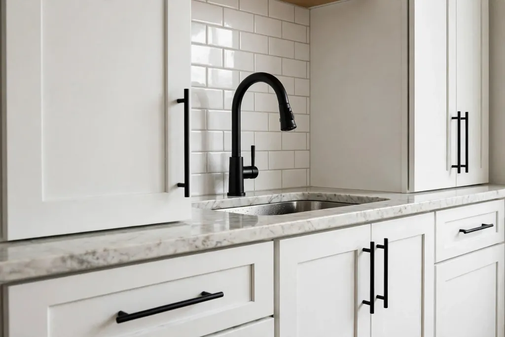 White kitchen cabinets with matte black bar pulls and a black faucet.