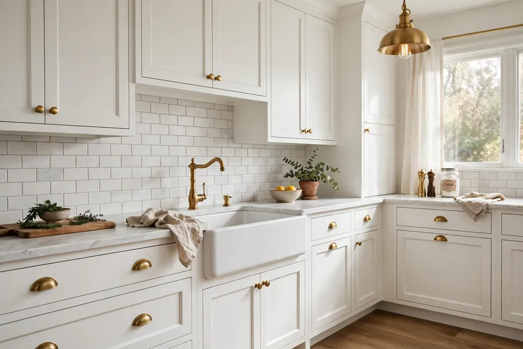 White kitchen cabinets with brass cup pulls and knobs and a brass faucet.