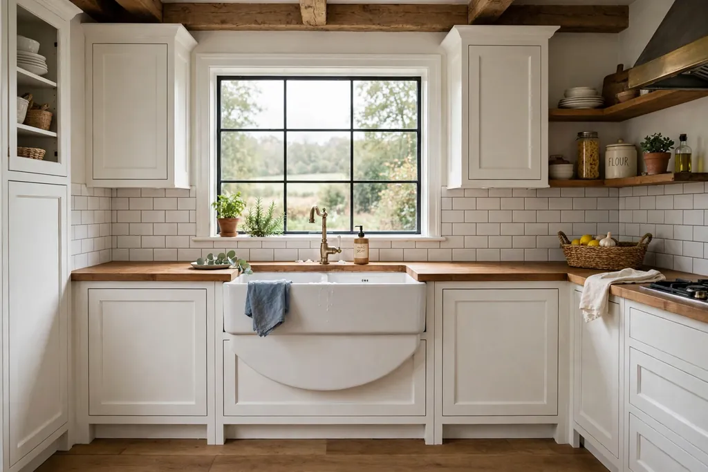 A farmhouse white kitchen with a deep apron-front ceramic sink.