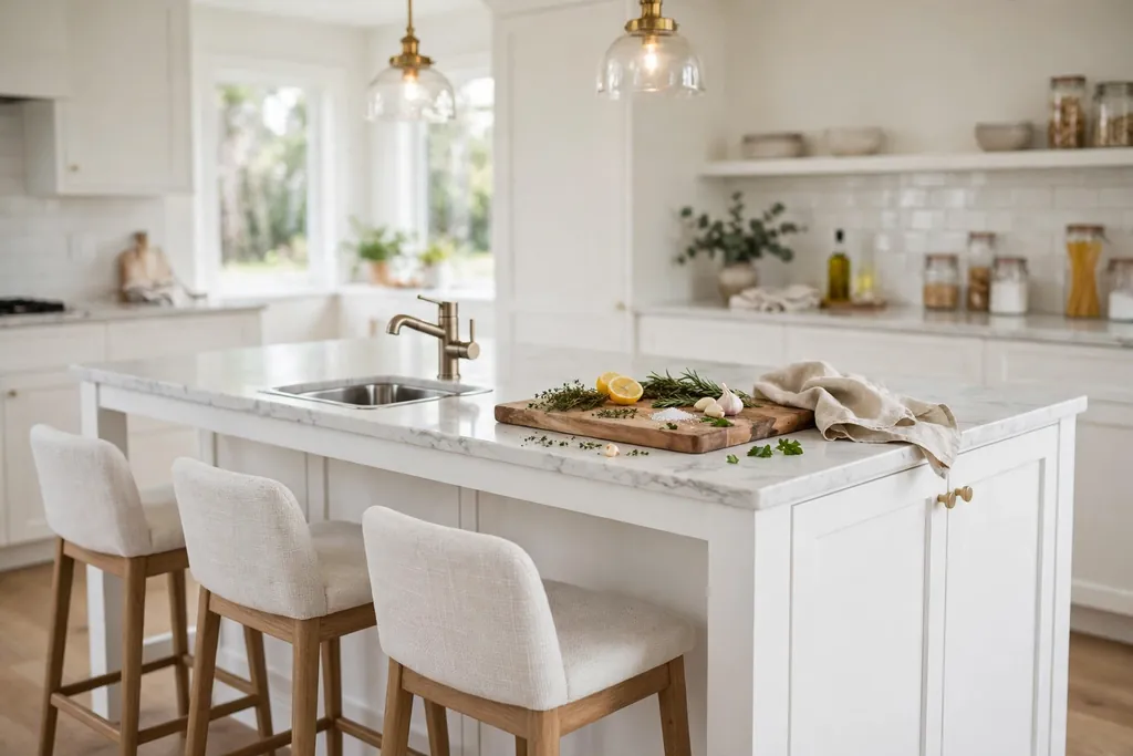 A white kitchen island with a small second prep sink and a cutting board.