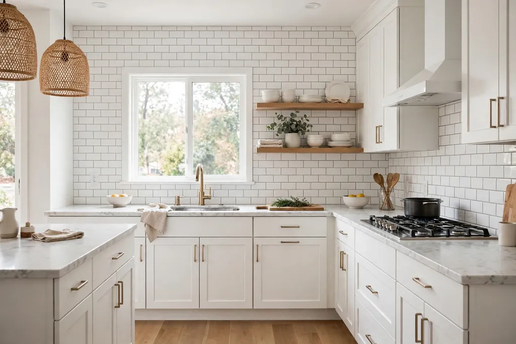 A white kitchen with a subway tile backsplash and gloss tiles.
