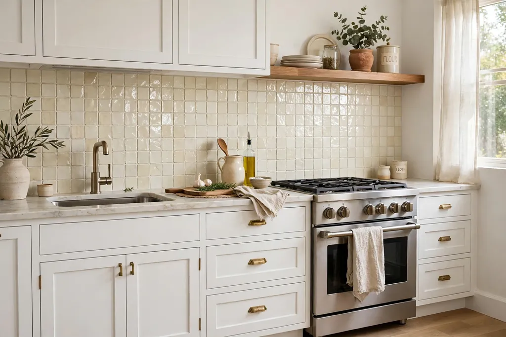 A white kitchen with a textured handmade zellige tile backsplash in pale cream.