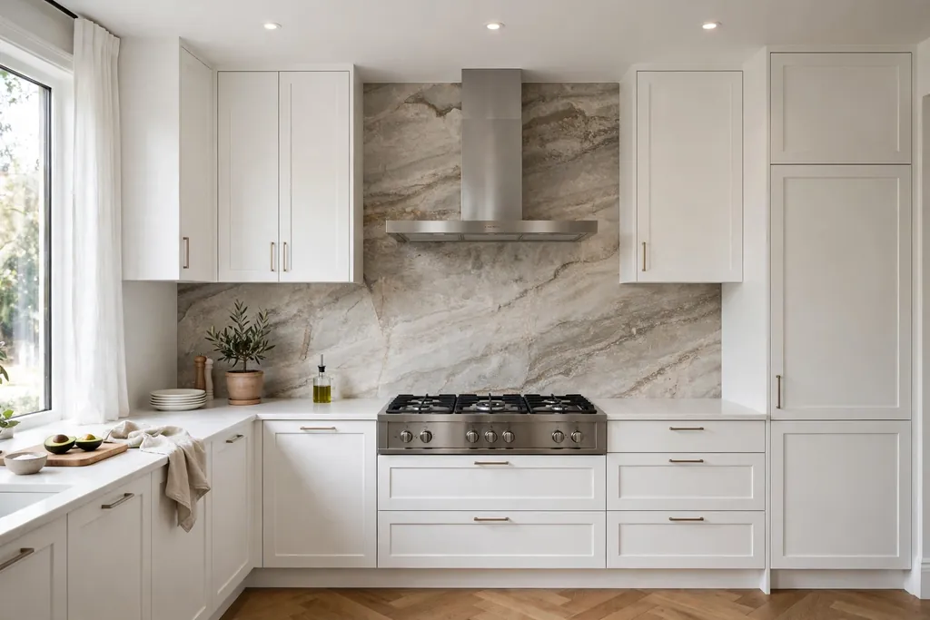 A white kitchen with a full-height stone slab backsplash behind the hob.