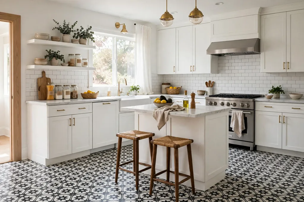 A white kitchen with patterned black and white floor tiles.