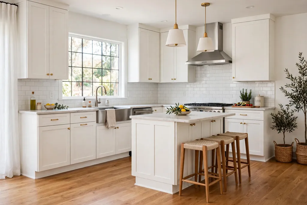 A white kitchen with warm oak wood floors and white cabinets.