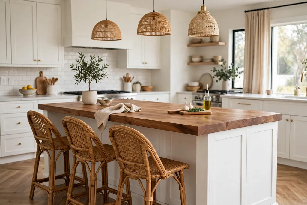 A white kitchen island with a thick wood counter top and rattan stools.