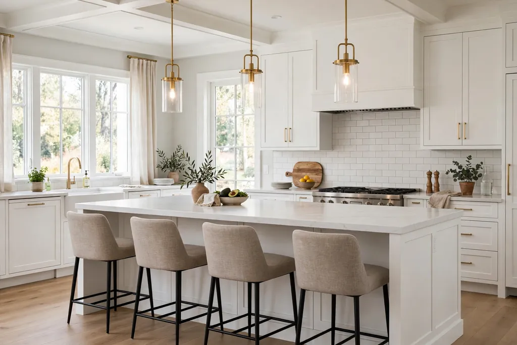 A large white kitchen island with seating for four and pendant lights.