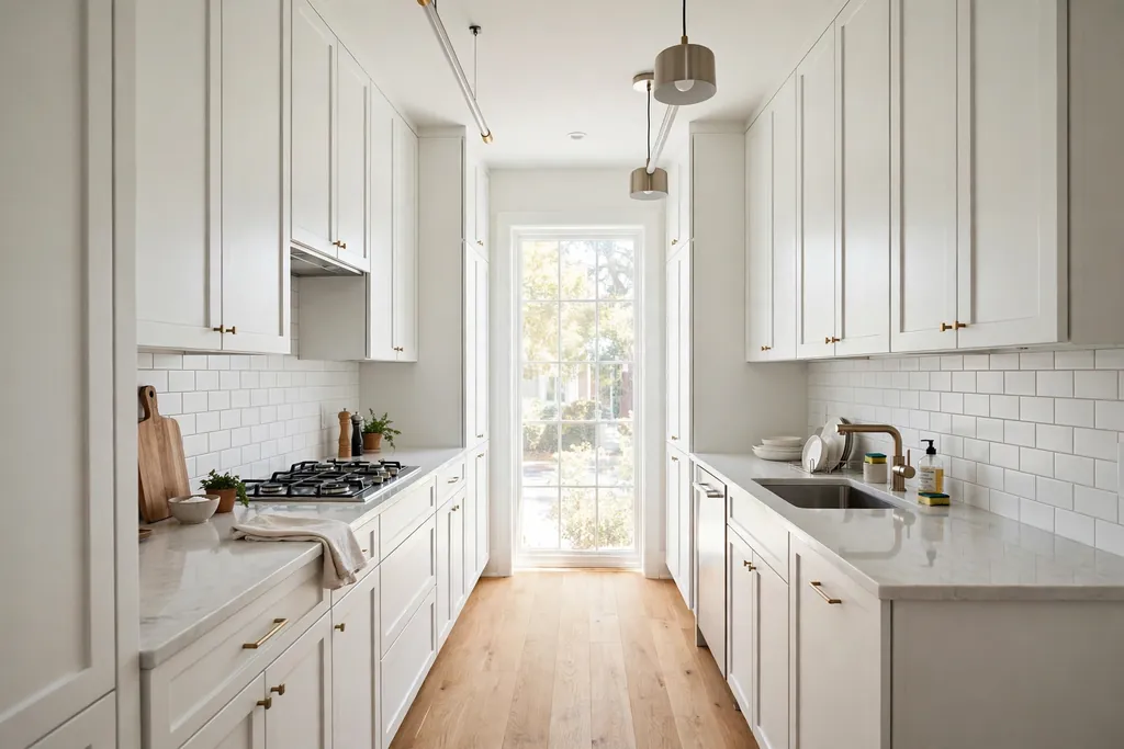 A bright white galley kitchen with two parallel runs of cabinets and a window at the end.