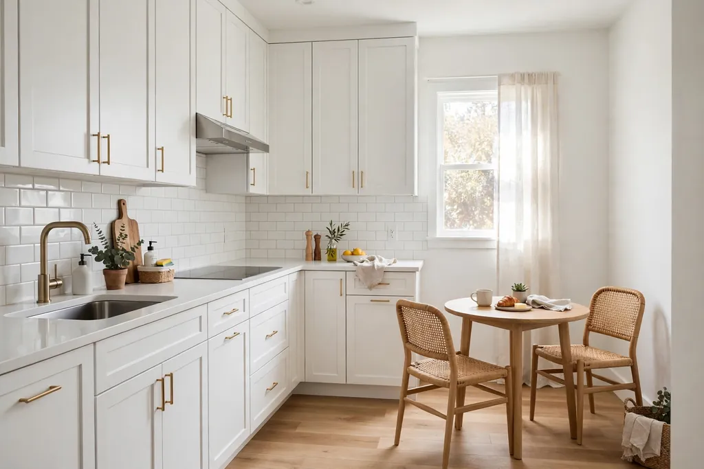 A white L-shaped kitchen with a small round breakfast table and two chairs in a corner.