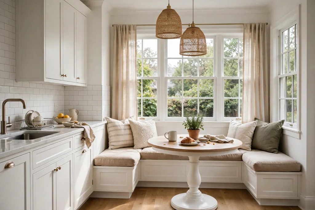 A white kitchen with a built-in banquette bench and a pedestal table by a window.