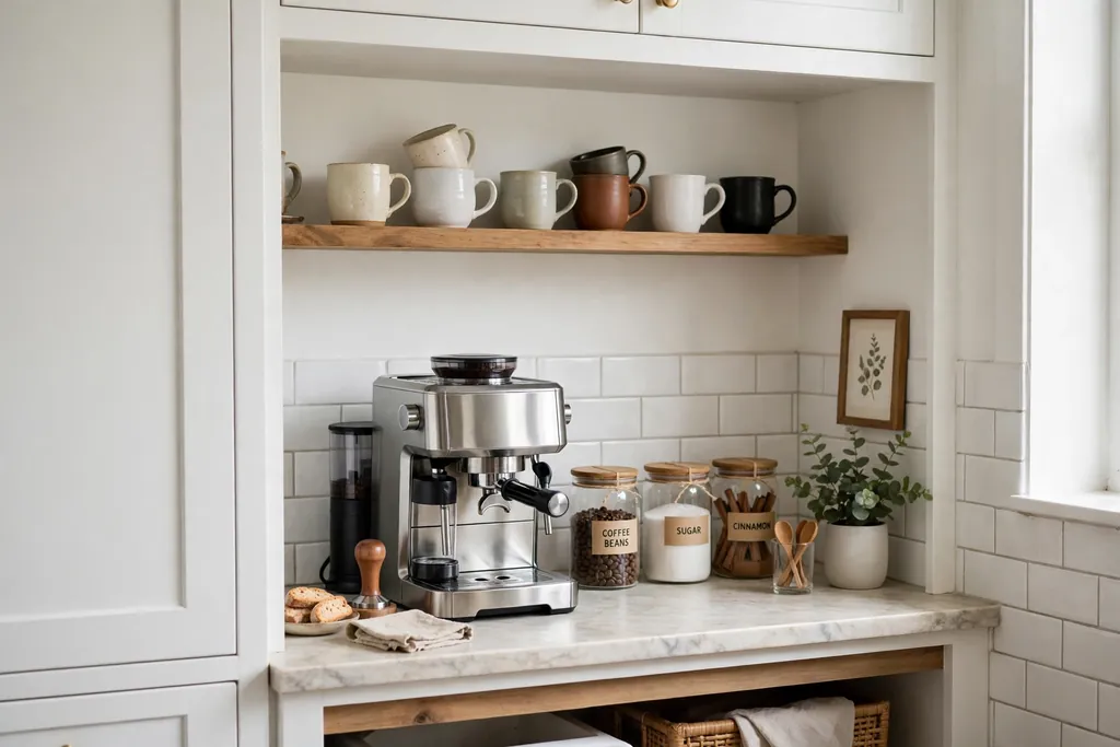 A white kitchen coffee station nook with a machine, mugs on a shelf, and jars.